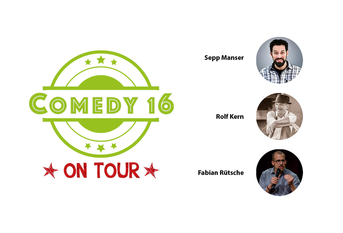 Logo von Comedy16 mit drei Comedians